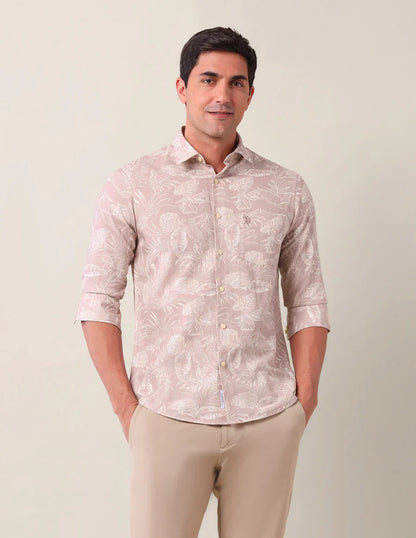 Light Peach Floral Printed Linen Cotton Blend Shirt