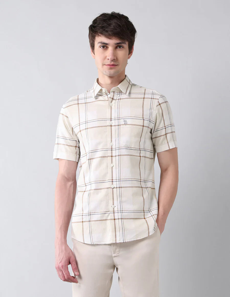 Ecru Checkered Cotton Tailored Fit Classic Shirt