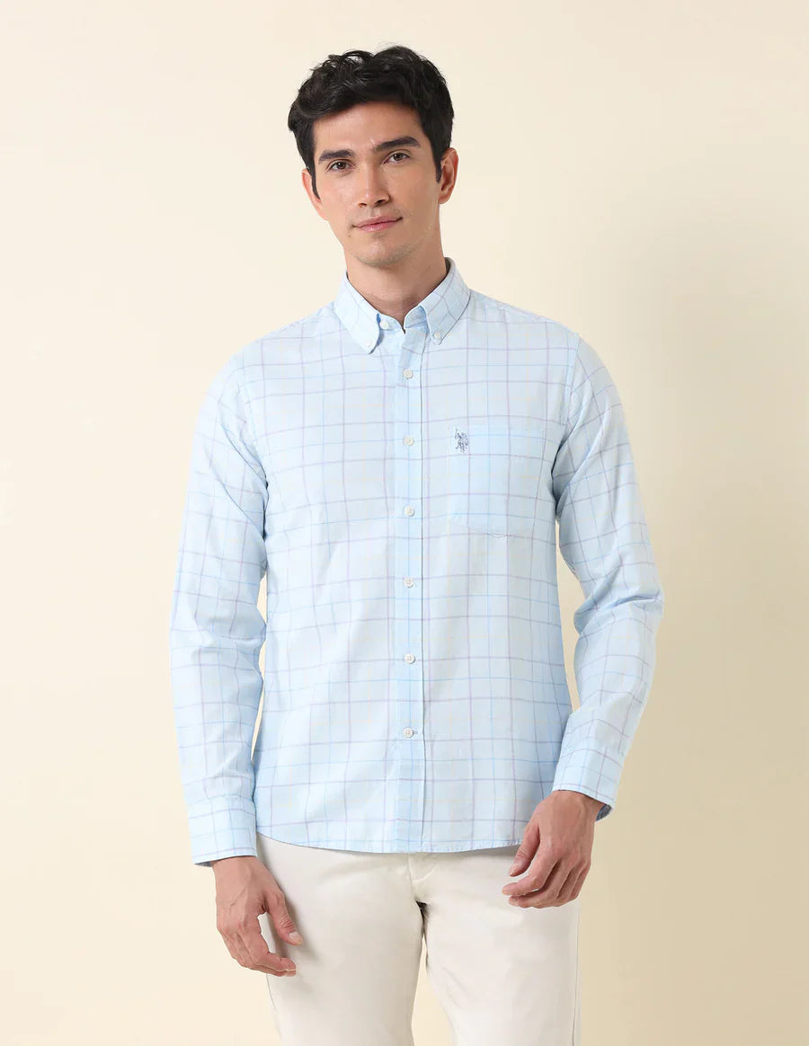 Aqua Blue Tailored Fit Cotton Checks Shirt