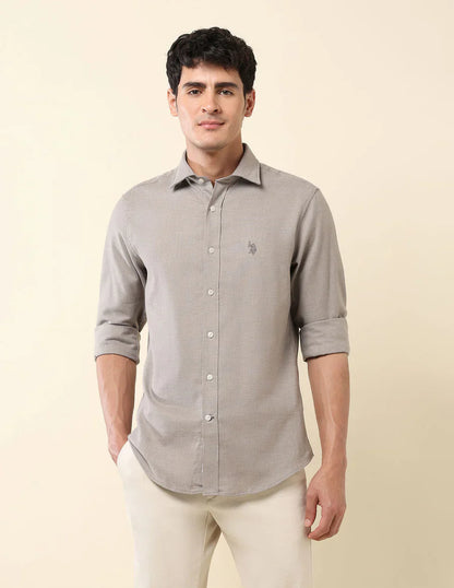 Textured Grey Lenin Cotton Tailored Fit Men&