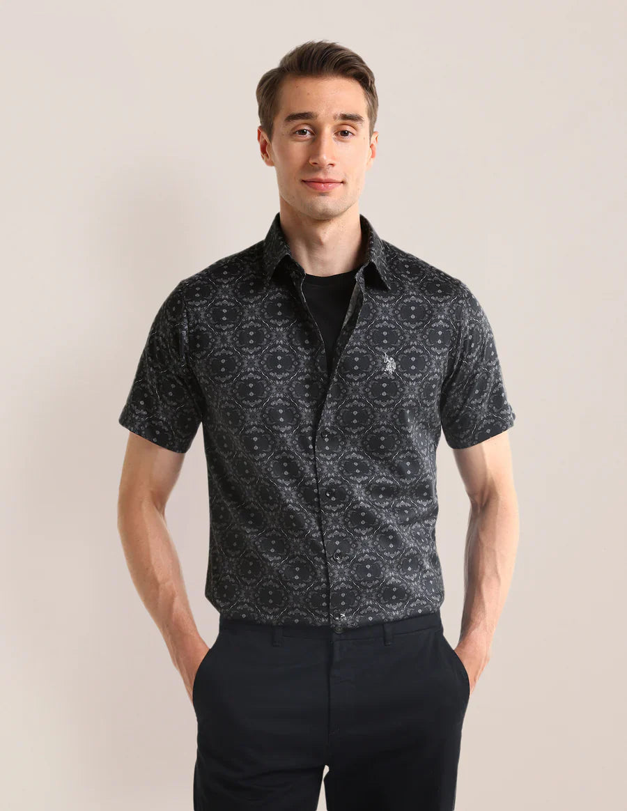 Black Floral Printed Tailored Fit Cotton Satin Shirt