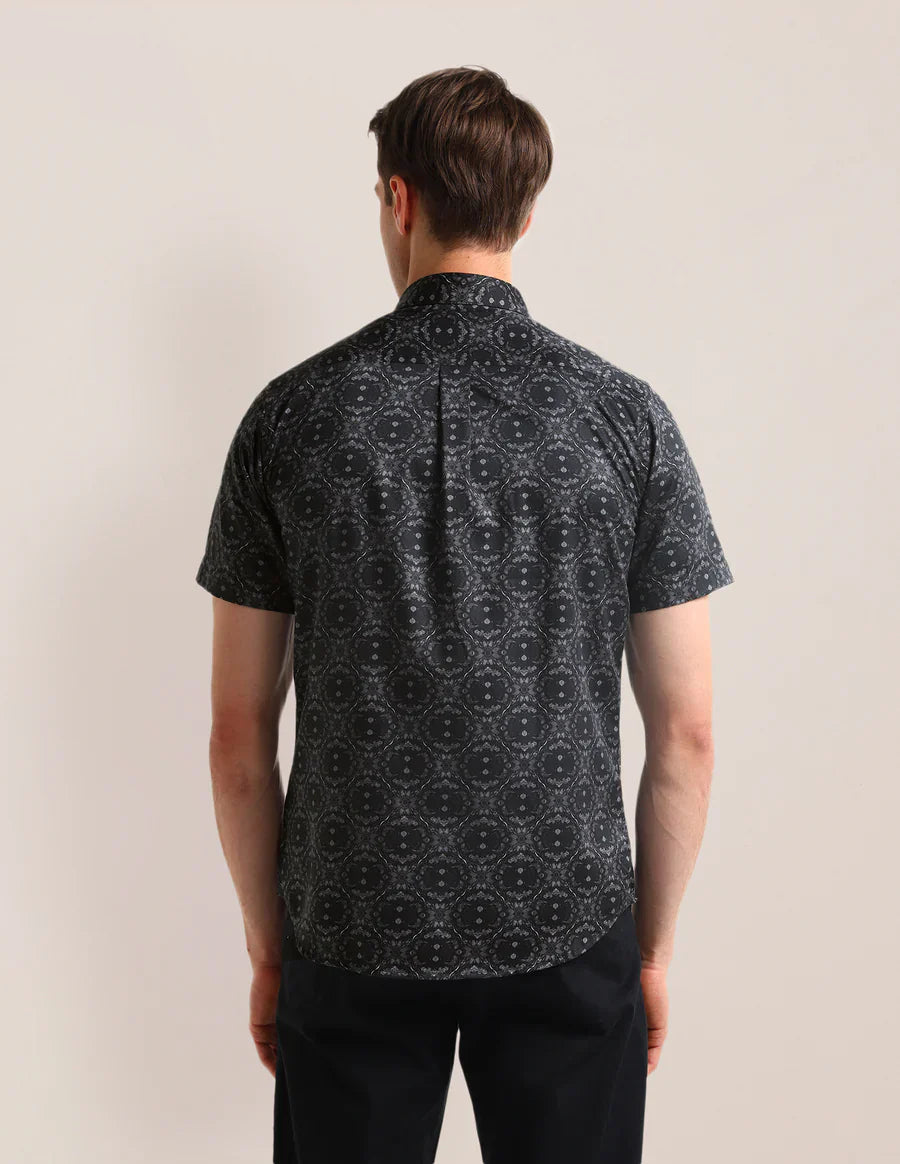 Black Floral Printed Tailored Fit Cotton Satin Shirt