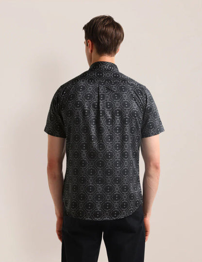 Black Floral Printed Tailored Fit Cotton Satin Shirt