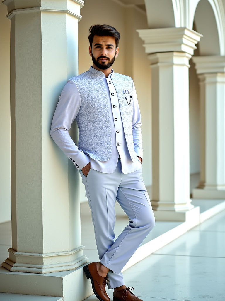 Sky Jacquard Self Design With Open Jacket Style Bandhgala Set