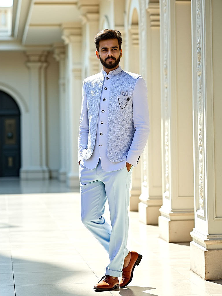 Sky Jacquard Self Design With Open Jacket Style Bandhgala Set