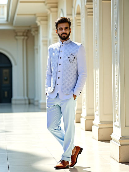 Sky Jacquard Self Design With Open Jacket Style Bandhgala Set