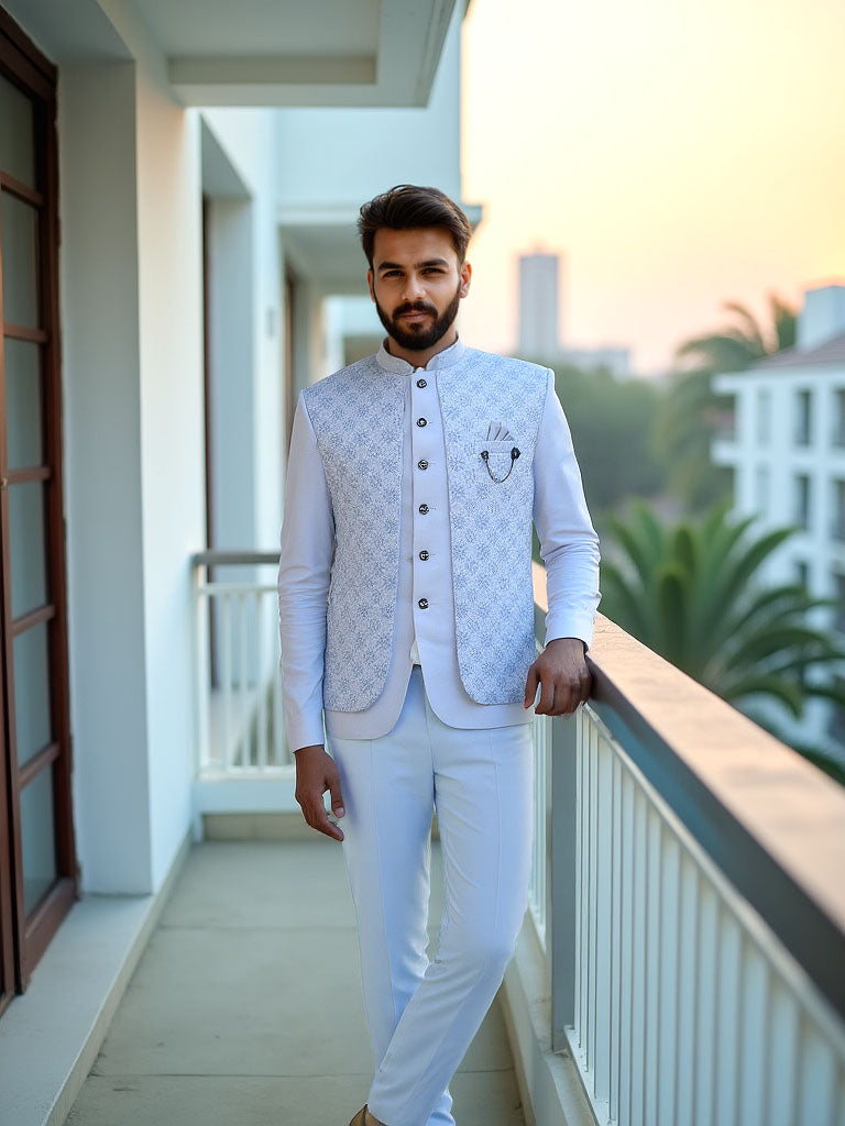 Sky Jacquard Self Design With Open Jacket Style Bandhgala Set