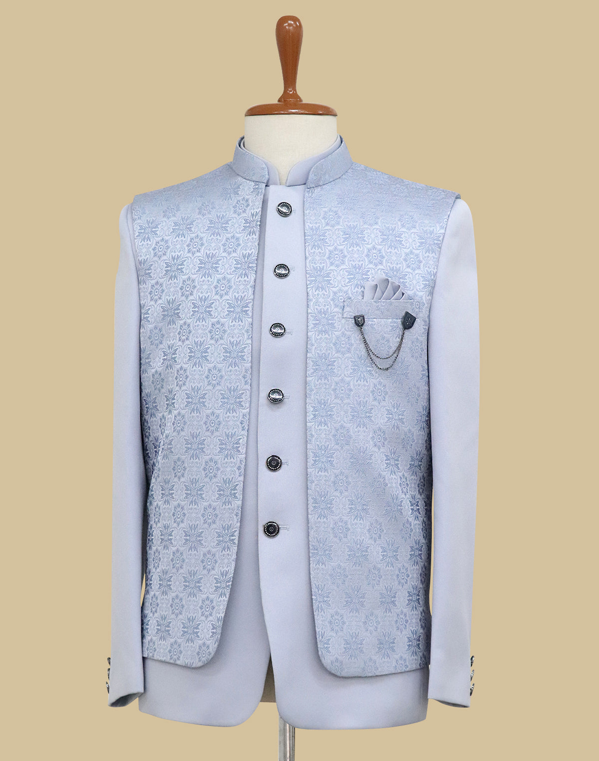 Sky Jacquard Self Design With Open Jacket Style Bandhgala Set