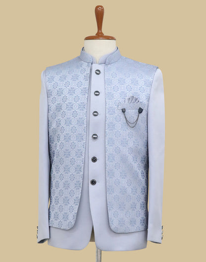Sky Jacquard Self Design With Open Jacket Style Bandhgala Set