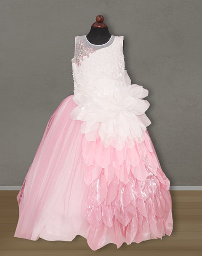 White and Pink Embossed with Pearls work Netted Frock