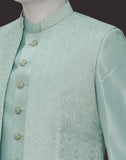 Elegant Light Green Coloured Jacquard Indo Open Jacket Style