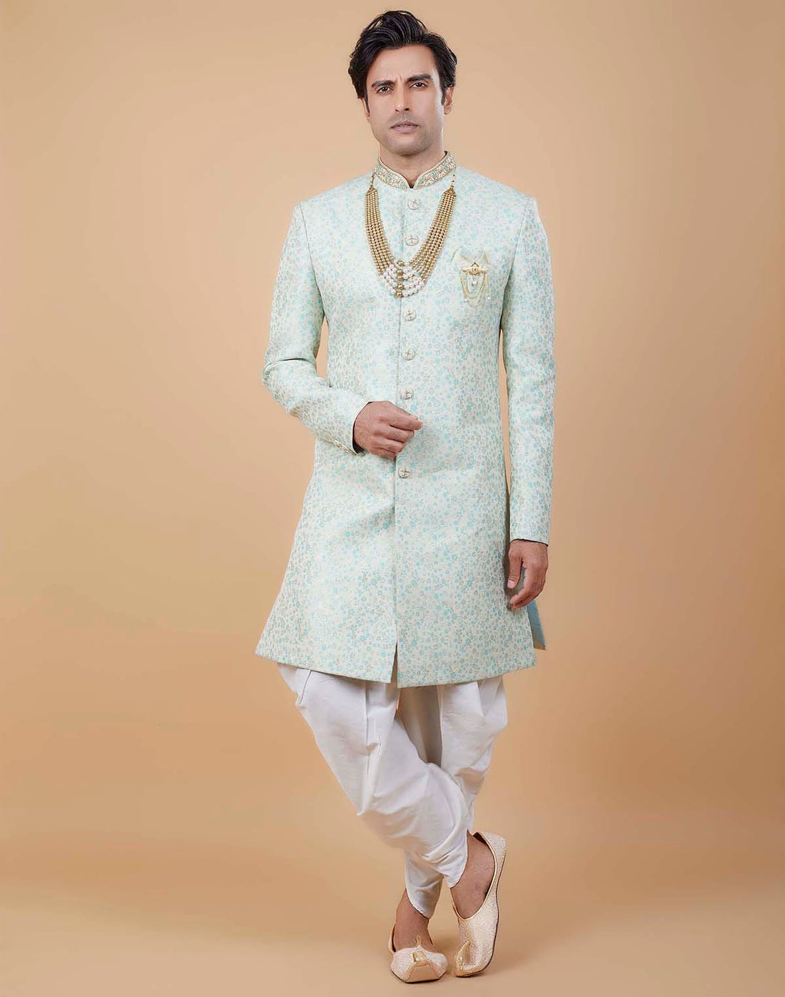Classy Sea Green Colour Self All Over Floral Jacquard Design Indo Sherwani