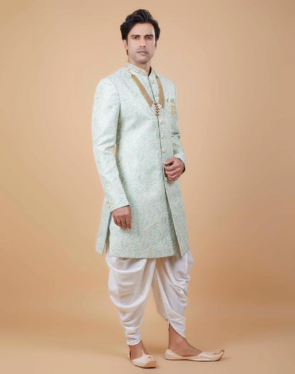 Classy Sea Green Colour Self All Over Floral Jacquard Design Indo Sherwani
