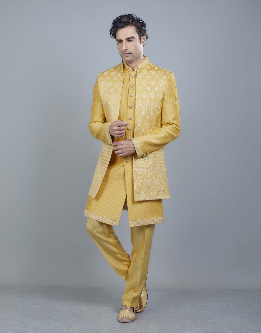 All Over Beautifully Yellow Coloured Embroidery work Open Jakcet Style