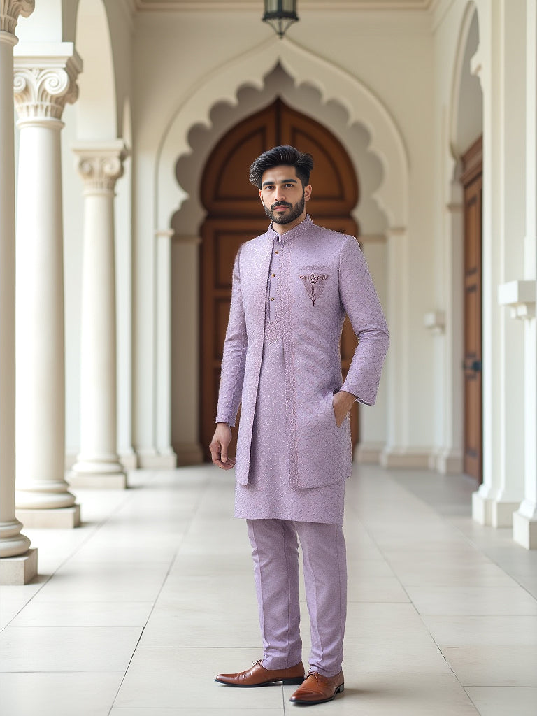 Lavender Sequinned Layered Milky Silk Indo Open Jacket Set