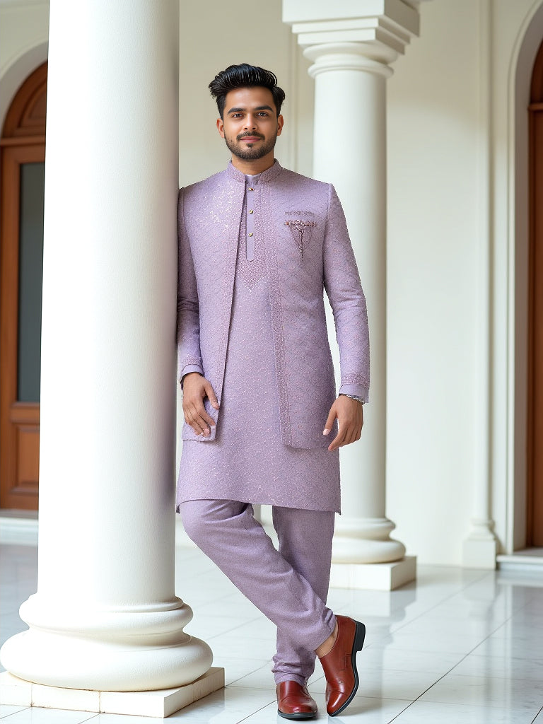 Lavender Sequinned Layered Milky Silk Indo Open Jacket Set