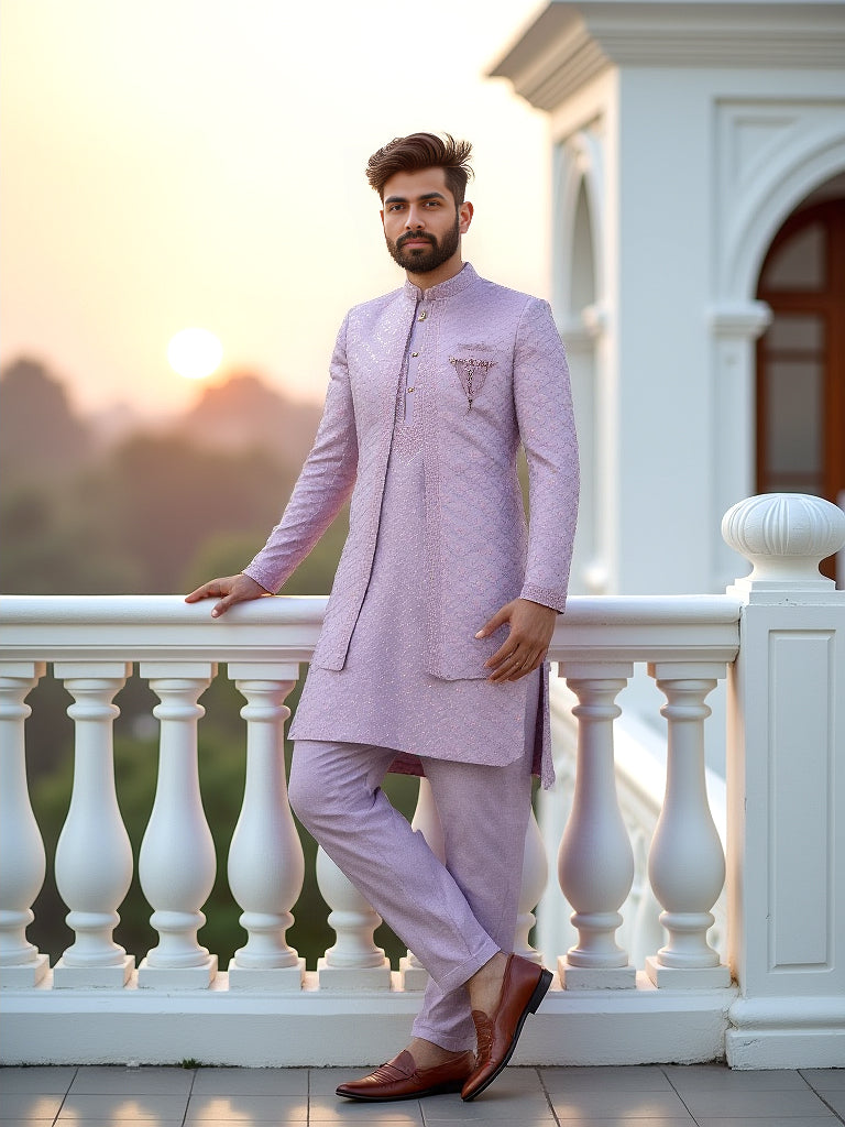 Lavender Sequinned Layered Milky Silk Indo Open Jacket Set