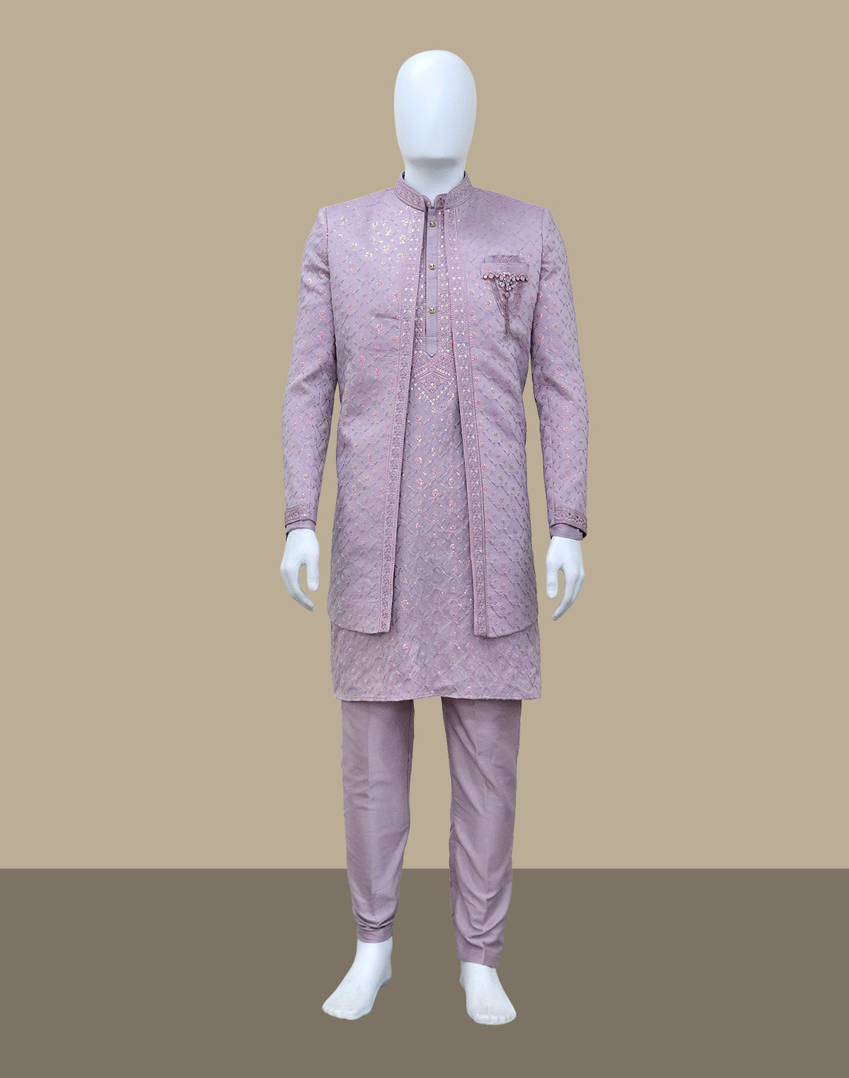 Lavender Sequinned Layered Milky Silk Indo Open Jacket Set