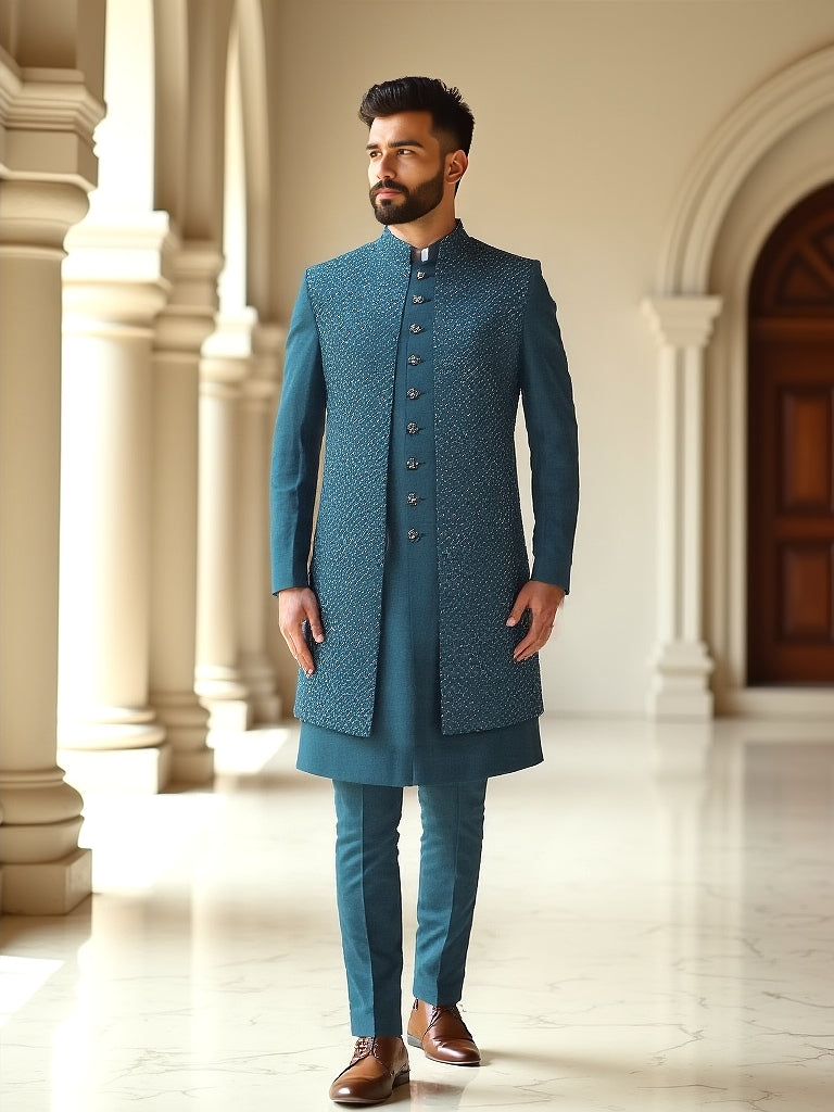 Elegant Rama Self Patterned Sequence work Raw Silk Indo Open Jacket Style