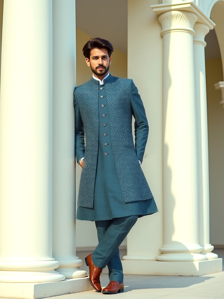 Elegant Rama Self Patterned Sequence work Raw Silk Indo Open Jacket Style