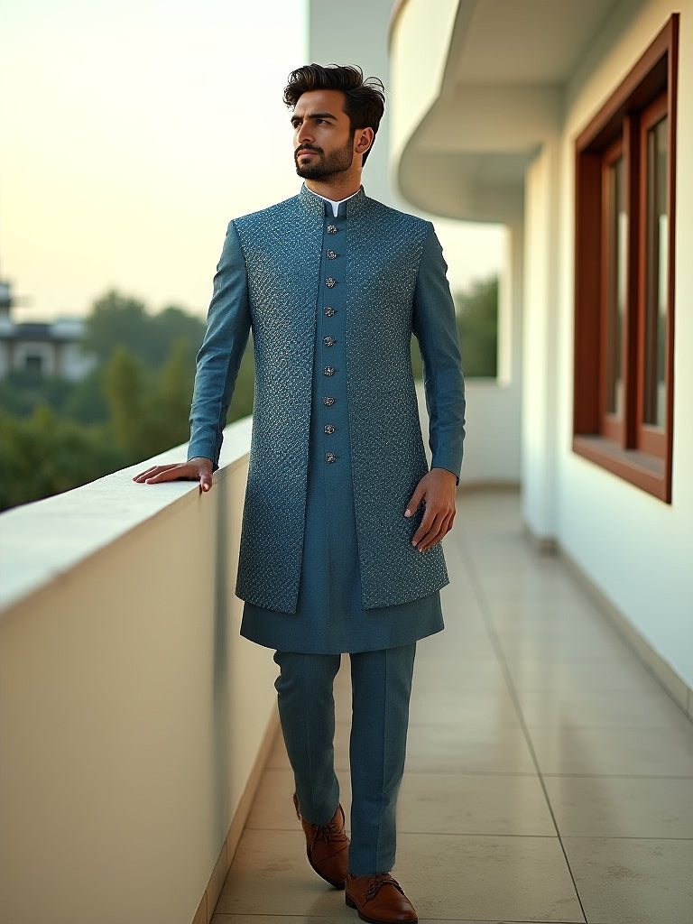 Elegant Rama Self Patterned Sequence work Raw Silk Indo Open Jacket Style