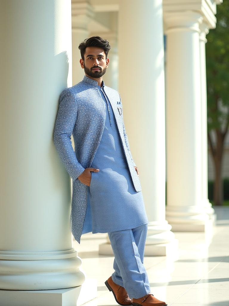 Sky Blue Imperial Floral Patterned Sequence Style Milky Silk Indo Open Style