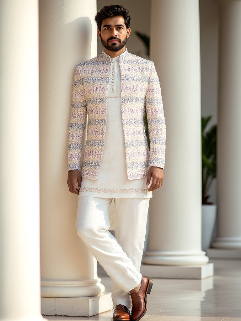 Warm White Elegance Thread Embroidery Georgette Floral Design Indo-Open Jacket