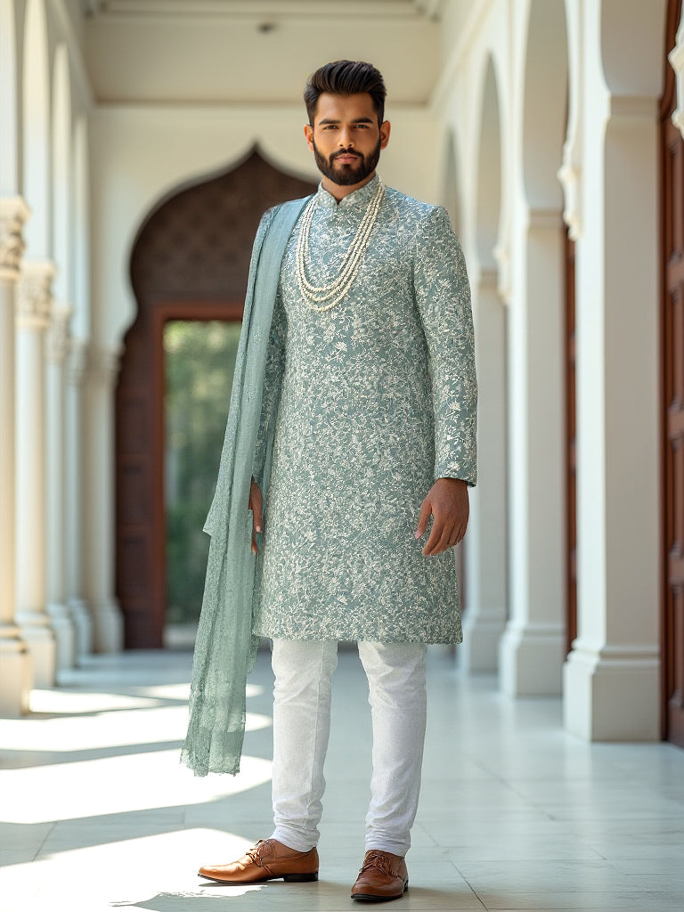 Sea Green Floral Thread Embroidery work Georgette Indo-Western Set with Duppatta