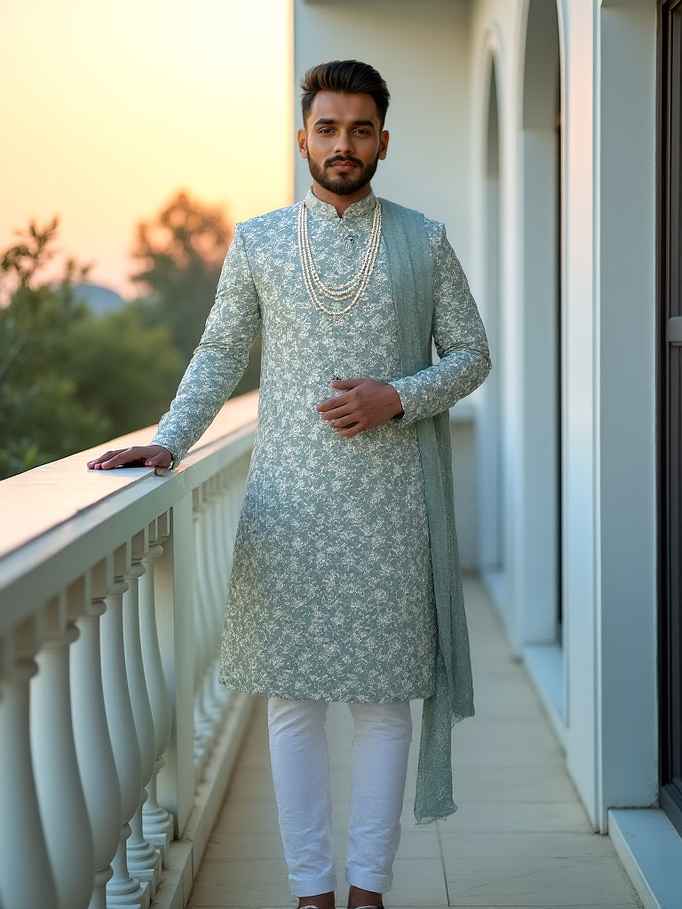 Sea Green Floral Thread Embroidery work Georgette Indo-Western Set with Duppatta