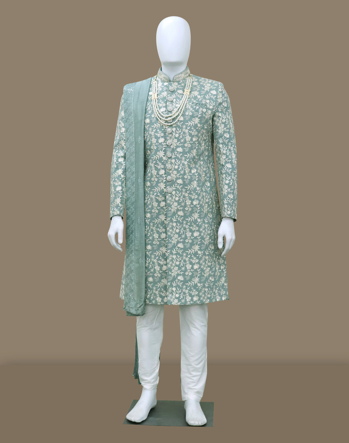 Sea Green Floral Thread Embroidery work Georgette Indo-Western Set with Duppatta