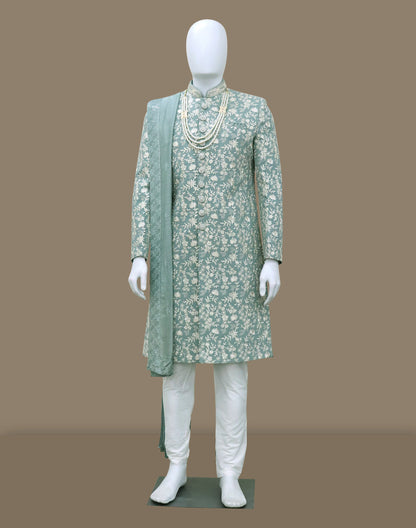 Sea Green Floral Thread Embroidery work Georgette Indo-Western Set with Duppatta