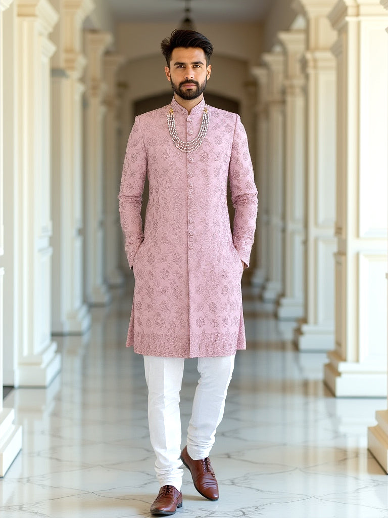 Floral Design Raw Silk Onion Colour Stones with Embroidery work Indo-Western Set