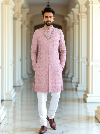 Floral Design Raw Silk Onion Colour Stones with Embroidery work Indo-Western Set