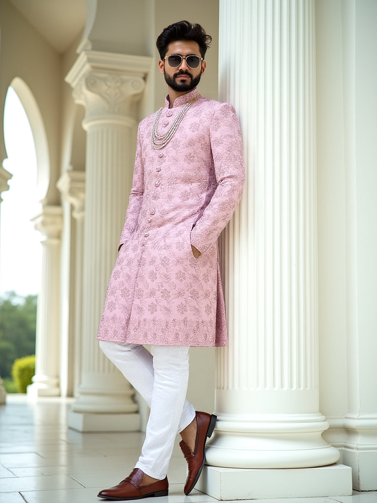 Floral Design Raw Silk Onion Colour Stones with Embroidery work Indo-Western Set