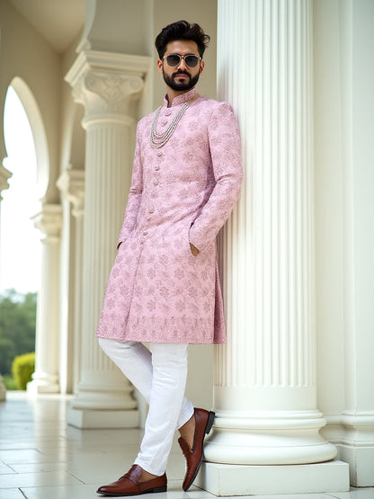 Floral Design Raw Silk Onion Colour Stones with Embroidery work Indo-Western Set