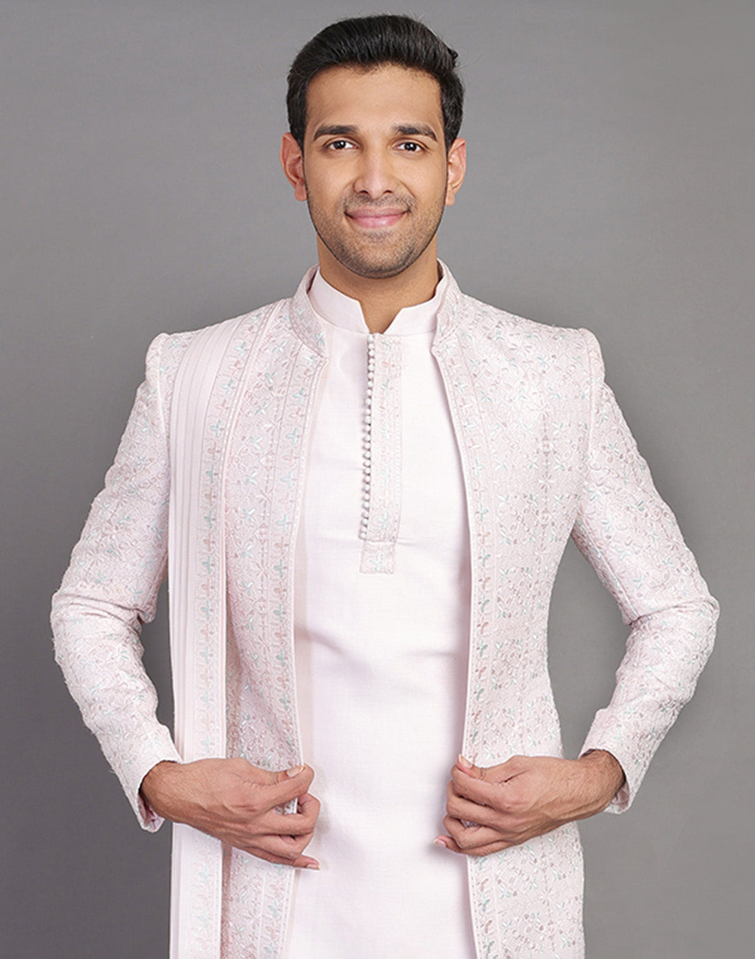 Floral Design Embroidery Work Pink Raw Silk Indo Open Jacket With Dupatta