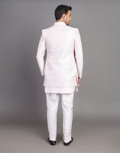 Floral Design Embroidery Work Pink Raw Silk Indo Open Jacket With Dupatta