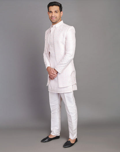 Floral Design Embroidery Work Pink Raw Silk Indo Open Jacket With Dupatta