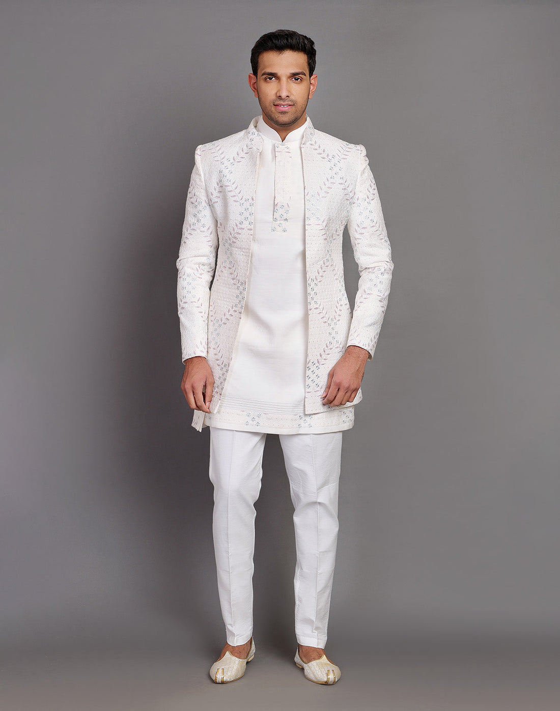 Cream Raw Silk Floral Embroidery Work Indo-open Jacket Style