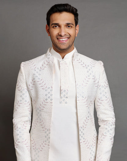 Cream Raw Silk Floral Embroidery Work Indo-open Jacket Style