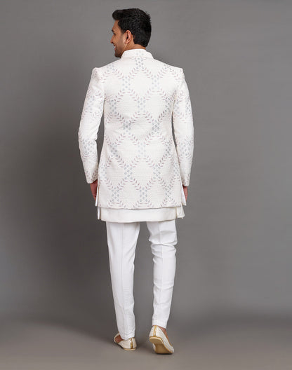 Cream Raw Silk Floral Embroidery Work Indo-open Jacket Style