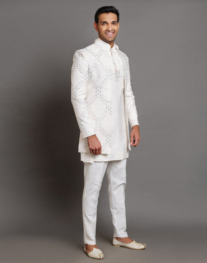 Cream Raw Silk Floral Embroidery Work Indo-open Jacket Style