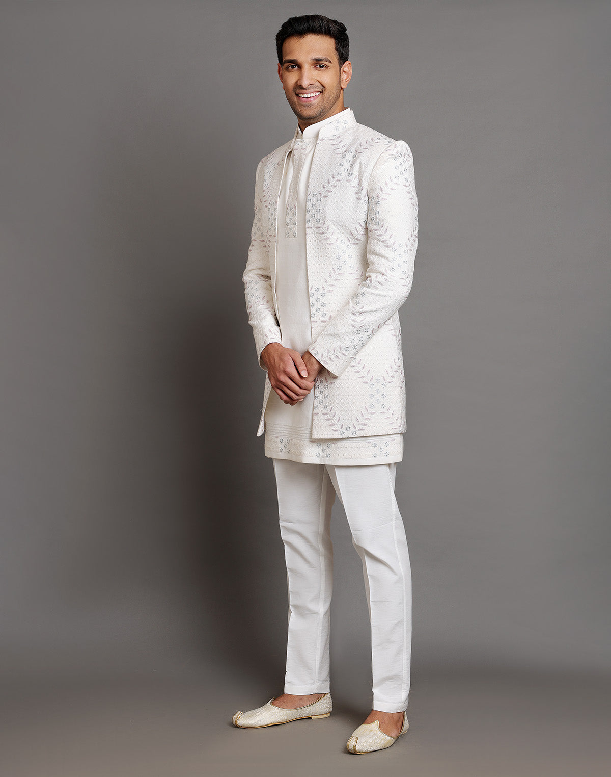 Cream Raw Silk Floral Embroidery Work Indo-open Jacket Style