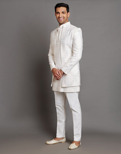 Cream Raw Silk Floral Embroidery Work Indo-open Jacket Style