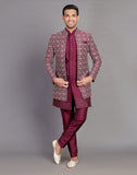 Beautiful Wine Coloured Floral Design Raw Silk Embroidery Work Indo-open Jacket