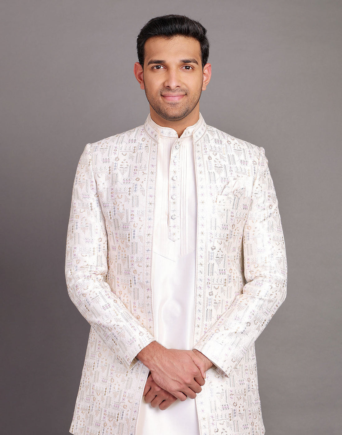 Raw Silk Thread Embroidery With Sequence Work Cream Coloured Indo Open Jacket Set