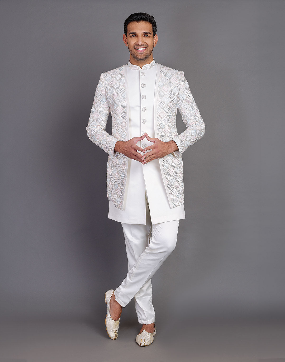 Multi Thread Embroidery Work Satin Cream Coloured Indo Open Jacket Style