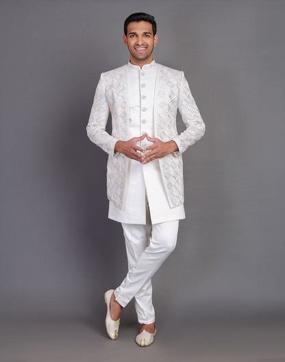 Multi Thread Embroidery Work Satin Cream Coloured Indo Open Jacket Style