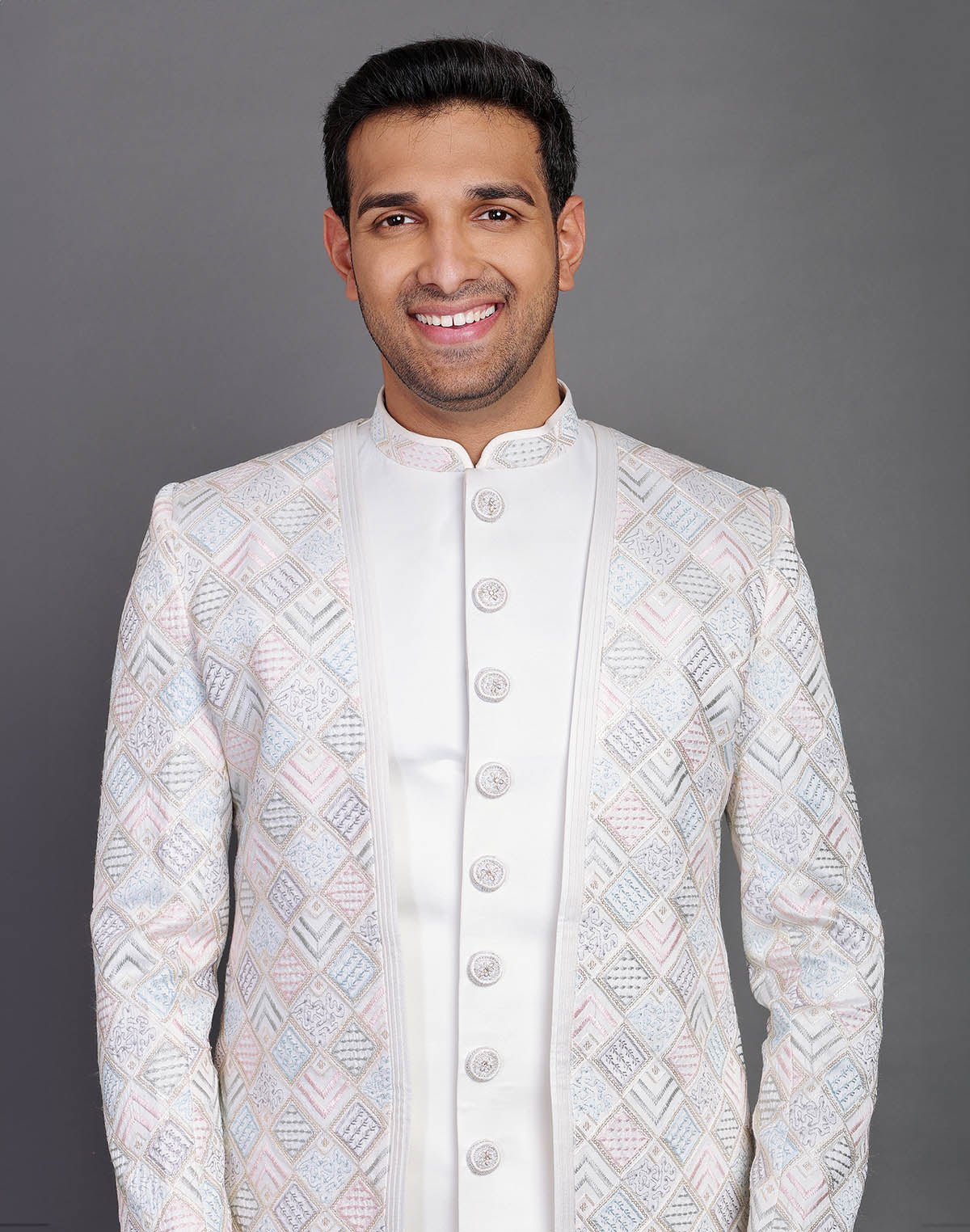 Multi Thread Embroidery Work Satin Cream Coloured Indo Open Jacket Style