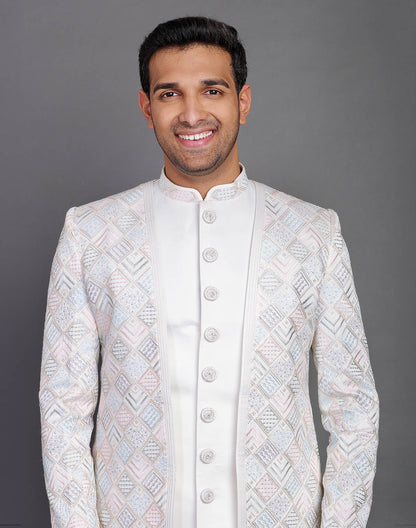 Multi Thread Embroidery Work Satin Cream Coloured Indo Open Jacket Style